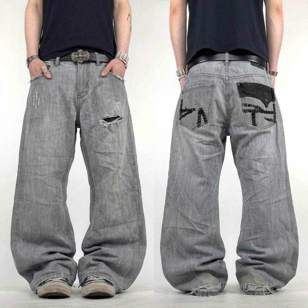 Vintage y2k grunge embroidered faded distressed baggy wide leg jeans